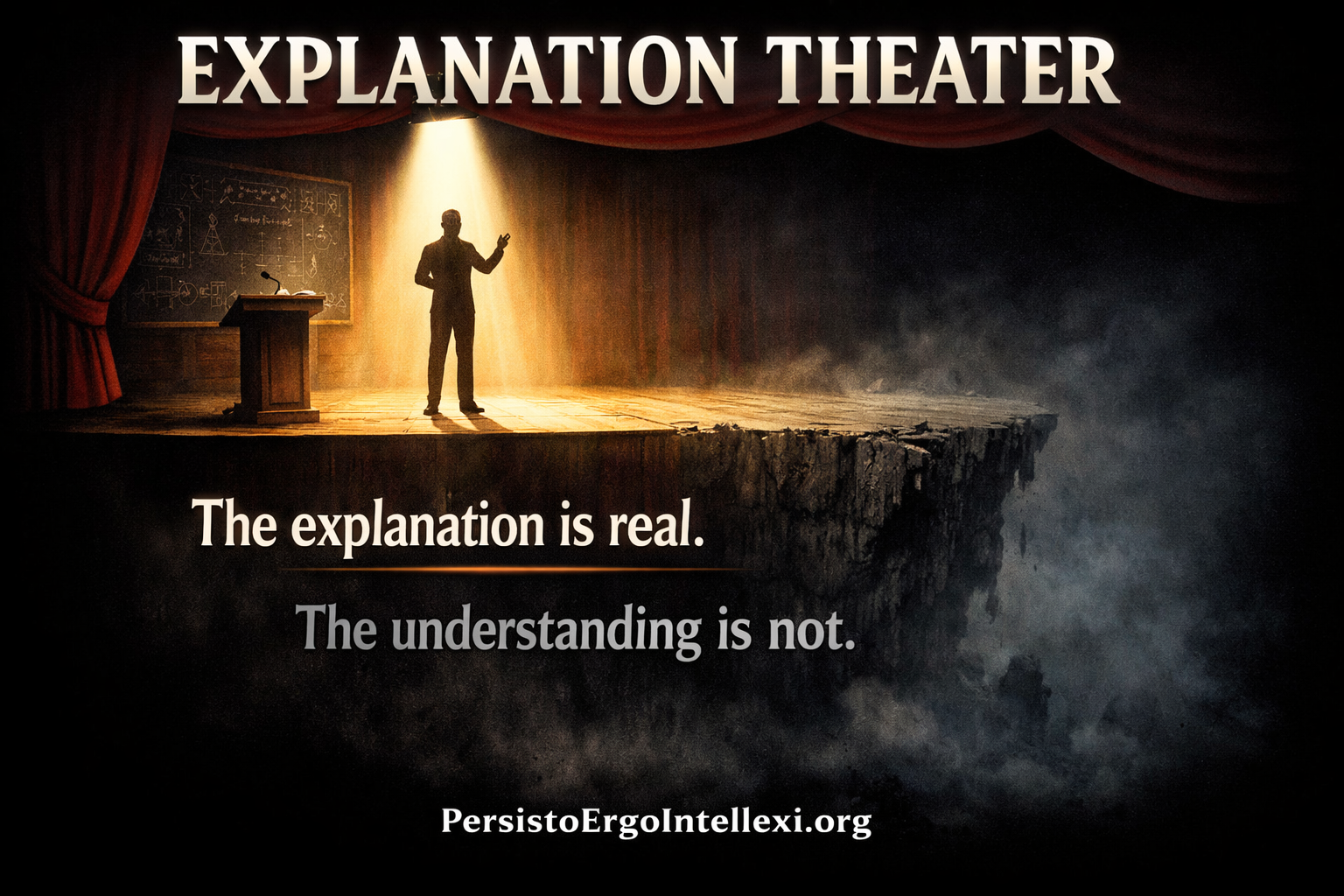 Explanation Theater concept illustration showing a speaker on a stage under a spotlight symbolizing confident explanation without real understanding