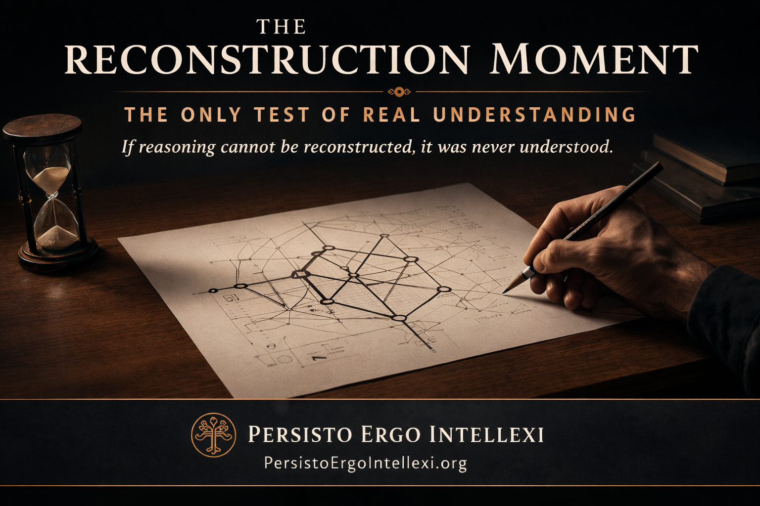 A person reconstructing reasoning from first principles on a blank sheet of paper — visualizing the Reconstruction Moment where genuine understanding reveals itself.