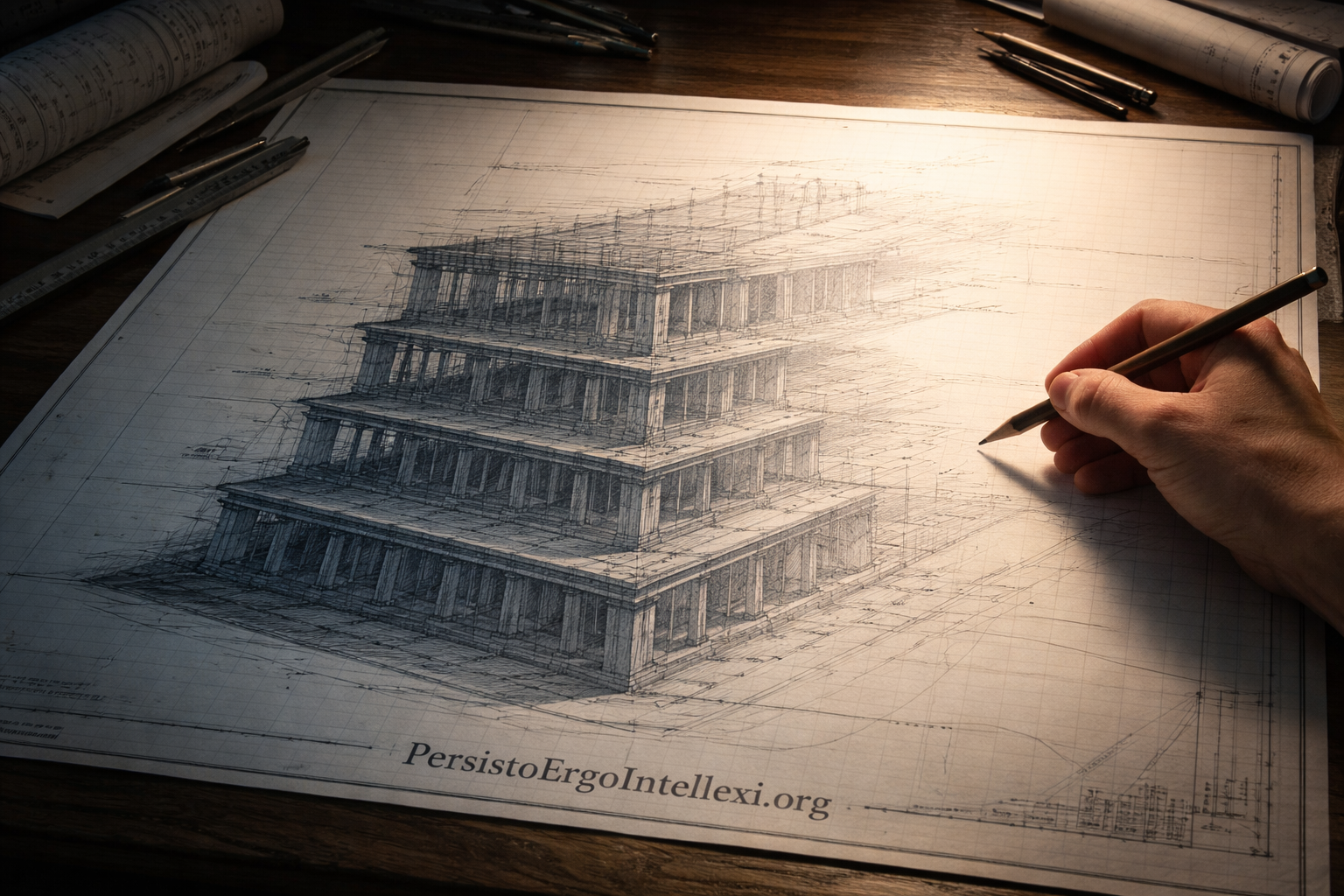 Architectural blueprint showing four layers of understanding with the fourth unfinished, symbolizing the layer AI cannot build