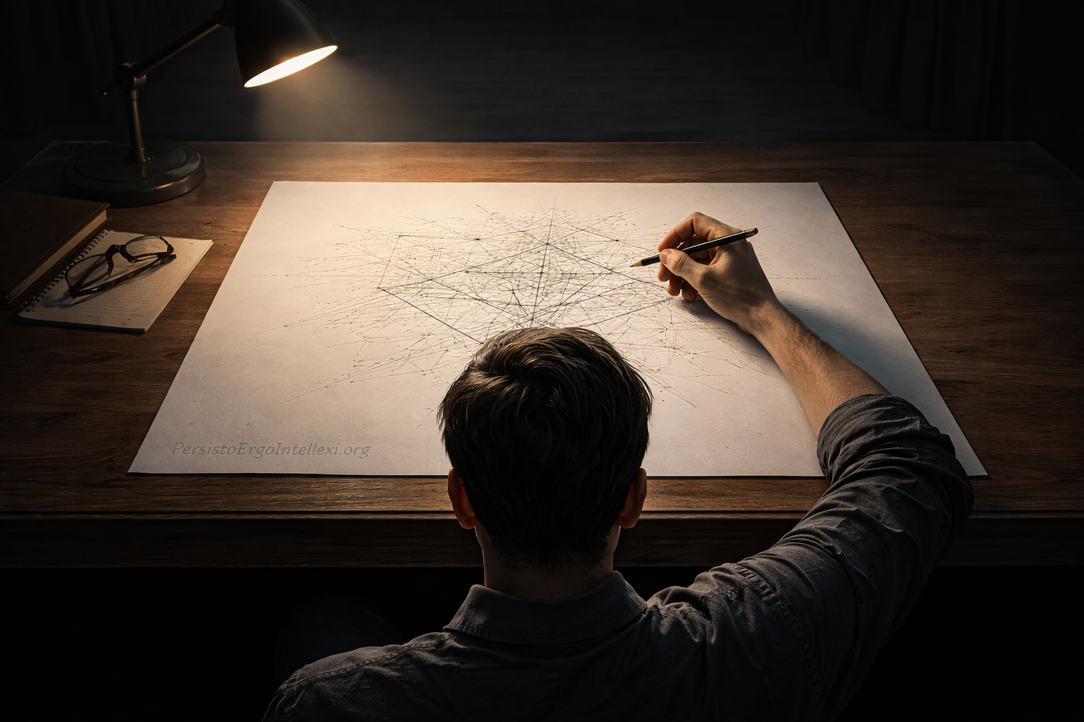 A person reconstructing a complex diagram from memory on a blank sheet of paper under a desk lamp, illustrating the Reconstruction Moment and genuine understanding