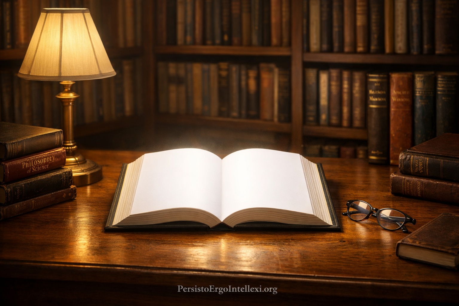 An open blank book glowing under lamplight on a scholar’s desk, symbolizing the illusion of understanding without content